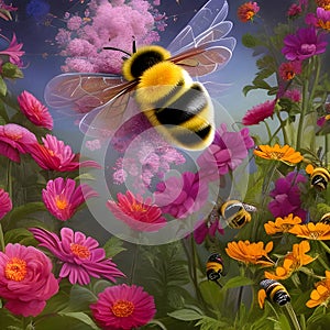 image of the bumble-bee flying around or surround by ornate flowers garden scene.