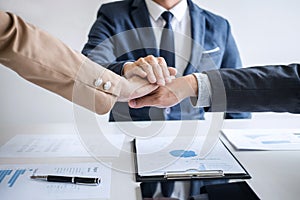 Image of business people joining and putting hands together during their meeting, connection and collaboration concept, Teamwork