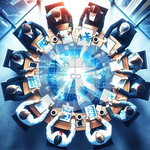 Image of Business People in a Meeting around a puzzle on the table