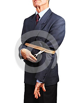 Image of businessman trying to get rid of fetters