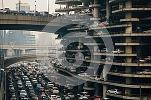 An image of a bustling highway with numerous vehicles moving slowly due to heavy traffic, Traffic jam on a multi-level expressway