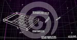 Image of calculator icon over data processing on black background