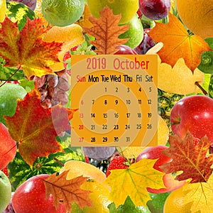 image of calendar october 2019 on fruit background