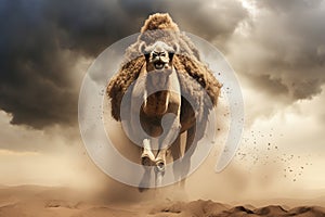 Image of camel running in the middle of the desert in a violent sandstorm. Wildlife Animals. Generative AI. Illustration