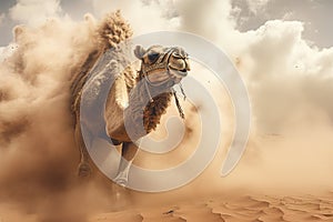 Image of camel running in the middle of the desert in a violent sandstorm. Wildlife Animals. Generative AI. Illustration