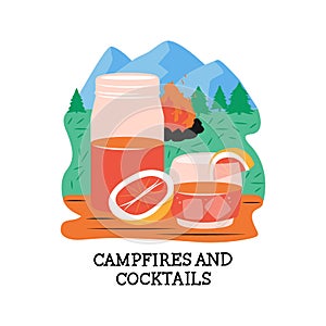 This is image Camping with text, Campfires and cocktails. Outdoor rest on the forest