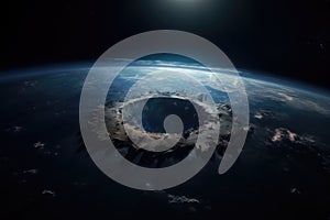 a giant impact crater viewed from space. destruction of earth. the big bang. Extinction Event photo