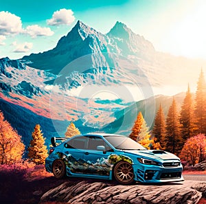 This image captures the beauty of a mountain landscape with a Subaru