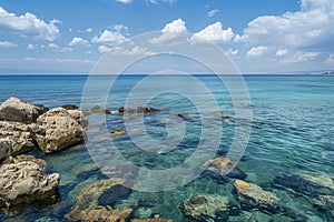 a picture of a rocky cliff with a blue water and some rocks