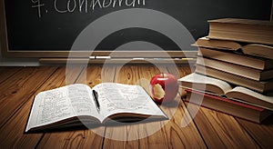 Study essentials on rustic classroom wooden table