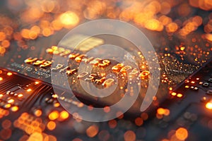 Close-up of a glowing credit card on a circuit board: security, technology, and finance photo