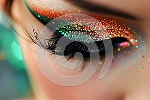 Close-Up View of a Womans Eye With Colorful Glitter Makeup in Natural Daylight