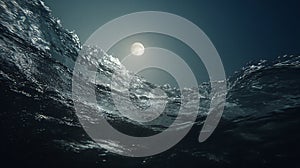 The image captures a dramatic view from beneath the ocean surface, looking up at