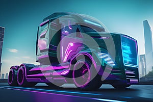 image captures a dynamic futuristic scene of a pink truck on roadside