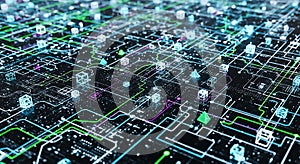 Glowing futuristic data processing network grid