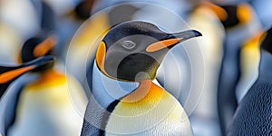 A close-up view of a beautiful emperor penguin standing proudly among its colony. The vibrant colors and details of its photo