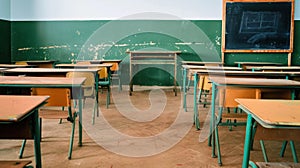 Empty Elementary Classroom with Desks and Chairs, Education Concept