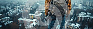 Adventurous Urban Explorer Captures Cityscape from Graffiti-Clad Building Edge with Camera in Hand, Ready for Thrilling photo