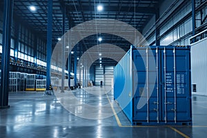 This image captures the essence of modern logistics with a neatly arranged warehouse and a striking blue container