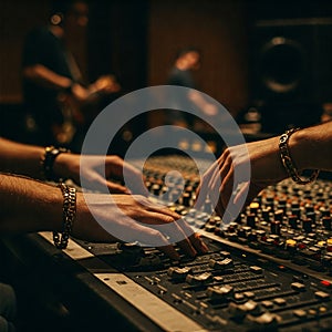 Hands pressing buttons on a sound mixer during a recording session photo