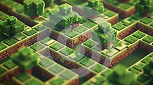 Intricate pixel maze with cubic trees and brick paths. Minecraft texture world. AI generated photo