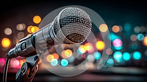 Close-up of a microphone on stage with blurred lights in the background
