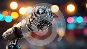 Close-up of a microphone on stage with blurred lights in the background