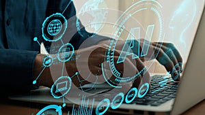 Modern Workspace with Artificial Intelligence Technology, Hands Typing on Laptop, Digital Graphics, Data Visualization