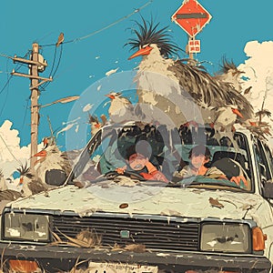 An amusing bird-themed car adventure. photo