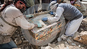 This image captures the moment when an intricately decorated sarcophagus is unearthed prompting the archaeologists to photo