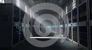 Digital data stream flowing through server racks