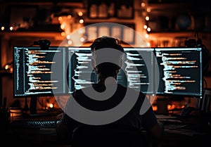 IT Professional Managing Code and Software on Multiple Screens in Office Setting Reflecting Data Management and System L