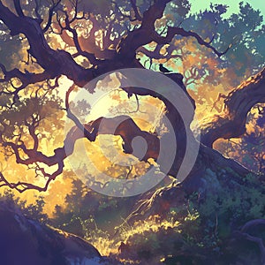 Gnarled Tree Branches Against Sunset