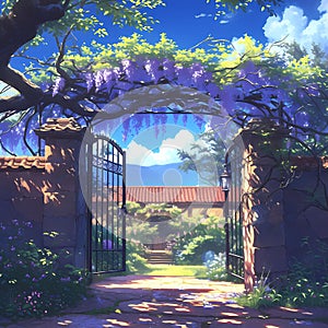 A Serene Garden Path Leading to a Dreamy Doorway