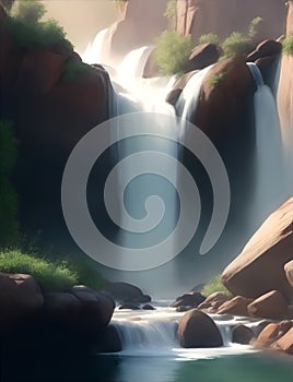 Peaceful Waterfall Scene Surrounded by Rocks and Greenery