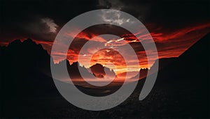 Dramatic Fiery Sunset Over Dark Mexican Desert Landscape photo