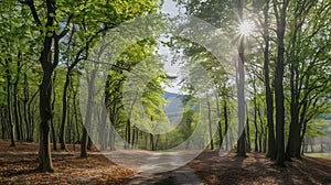 âSunlit Forest Panorama with Bright Green Treesâ photo