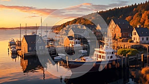 An image that captures the tranquil beauty of Sung Harbor town at sunset