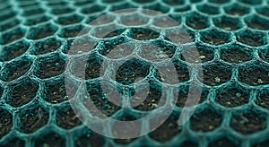 Microscopic cellular structure with teal webbing