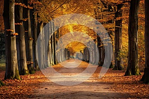 An image capturing the awe-inspiring view of a road engulfed by towering trees in the heart of a lush forest, Tree-lined path