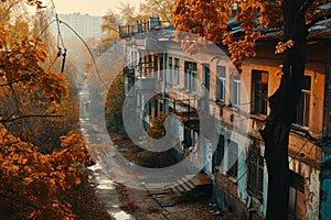 an image capturing the essence of Soviet urban life in the 1980s, focusing on buildings, streets, and courtyards