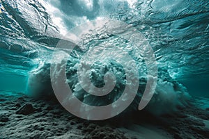 An image capturing the powerful action of a wave as it crashes over the ocean floor, Underwater view of a tempest thrashing the
