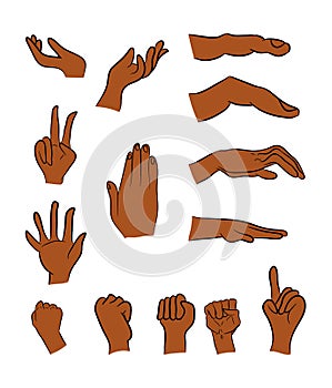 Image of cartoon black man, human hand gesture set. Vector illustration isolated on white background.