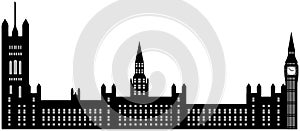 Image of cartoon Houses of Parliament and Big Ben silhouette. Vector illustration isolated on white background.