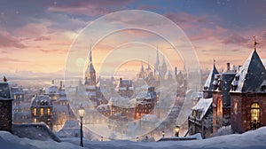 Image of a cartoon like dreamy village in winter covered in snow