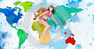 Image of cartoon woman surfboarding over world map on white background with blue stains