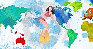 Image of cartoon woman surfboarding over world map on white background with blue stains
