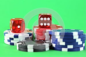 An image of a casino - dice, chip, gambling - with copy space