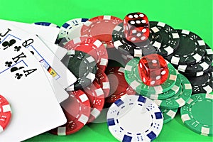 An image of a casino - dice, chip, gambling - with copy space