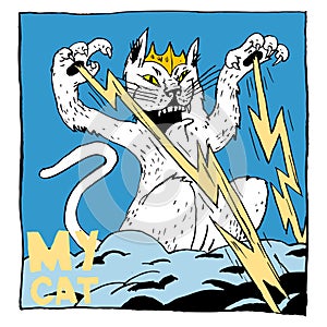 Image of a cat in a crown on a cloud with lightning from paws. Color illustration, perfect for use in publications, packaging, pos